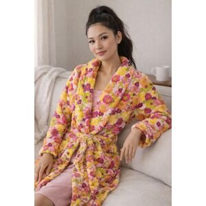 Soft Surroundings Plush Floral Robe Bathrobe Cozy Loungewear Retro Colorful